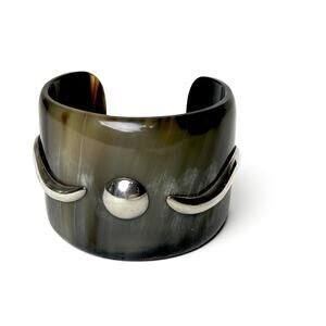 Natural Buffalo Horn Bangle Bracelet Wide Cuff Silver Tone Accents Boho Chic Vtg